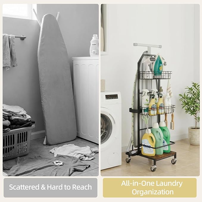 Ironing Board Holder Cart for Small & Narrow Laundry Rooms, Freestanding Iron & Ironing Board Storage Rack for T & X Boards with 3-Tier Shelves, Rolling Metal Wheels, Hooks, No Wall Mount