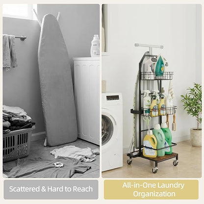 Ironing Board Holder Cart for Small & Narrow Laundry Rooms, Freestanding Iron & Ironing Board Storage Rack for T & X Boards with 3-Tier Shelves, Rolling Metal Wheels, Hooks, No Wall Mount