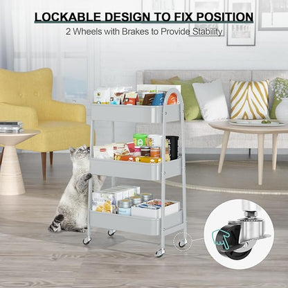 EAGMAK 3 Tier Utility Rolling Cart, Metal Storage Cart with Handle and Lockable Wheels, Multifunctional Storage Organizer Trolley with Mesh Baskets for Kitchen, Living Room, Office, Garage (Grey)