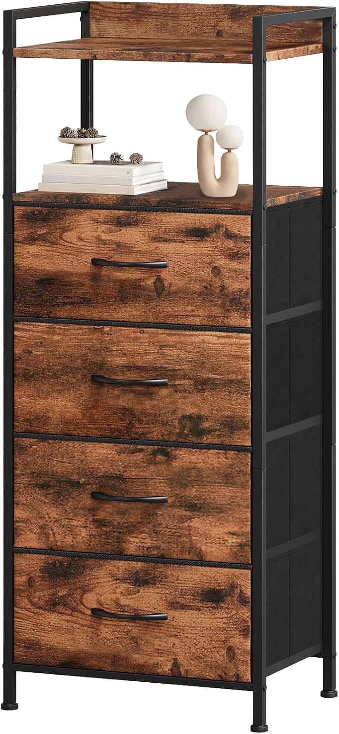 Somdot Night Stand with 4 Drawers, Vertical Storage Tower Fabric Dresser for Bedroom, Nightstand Bedside Table Furniture, Sturdy Steel Frame, Wooden Top & Easy Pull Fabric Bins, Wood Grain Print