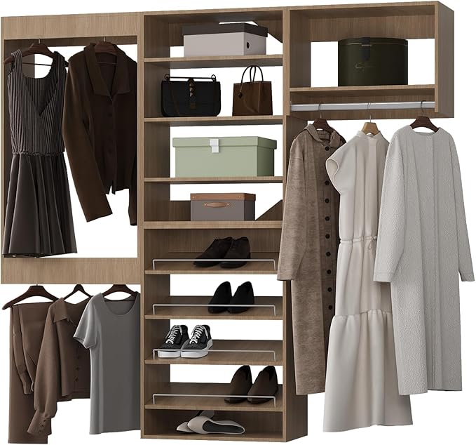 ROOMTEC Modular Closet System, 60" Wall Mounted Modern Closet Organizer with Hanging Rods and Shoe Shelf, Wooden Tower for Walk-In Closets, Wardrobe Storage Kit, Wood
