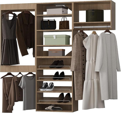 ROOMTEC Modular Closet System, 72" Wall Mounted Modern Closet Organizer with Hanging Rods and Shoe Shelf, Wooden Tower for Walk-In Closets, Wardrobe Storage Kit, Wood