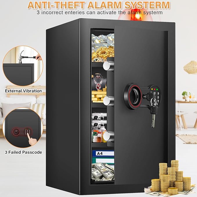 [23.6" Tall] Large Safe Box with LED Light, Anti-theft Home Safes with Programmable Keypad, Spare Keys and 3 Removable Shelves, Digital Security Safes for Home Money Firearm Documents Medicines