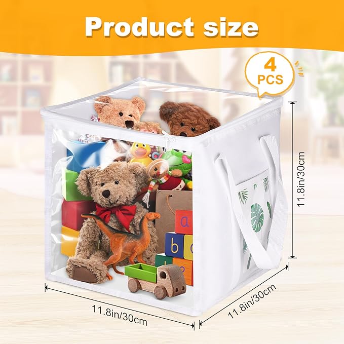 4 Pack Clear Toy Storage Bins with Lids - 12" x 12" Storage Cube Bins, Foldable PVC Boxes with Handles, Storage Organizers for Toys, Clothes, Blocks, Stuffed Animal Storage(White)