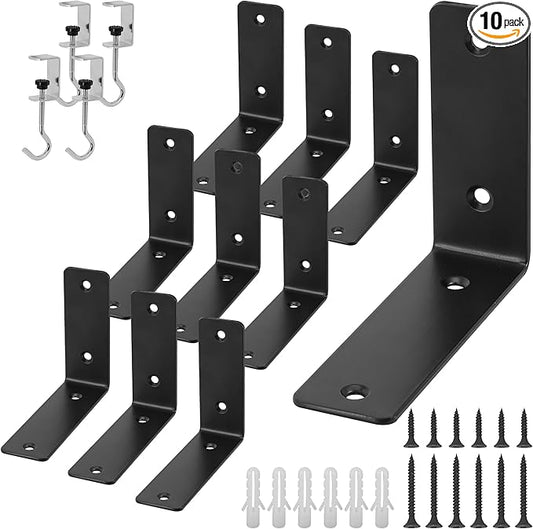 L Floating Shelf Brackets,10 Pack Heavy Duty L Brackets for Shelves, L 5" X H 4" Black Metal Countertop Support Brackets,Wall Mounting for Wood