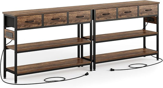 Lulive 2 Pack Entryway Tables with Power Outlets, Console Table with 3 Fabric Drawers, Sofa Table for Living Room, Hallway, Couch, Foyer, Height Adjustable
