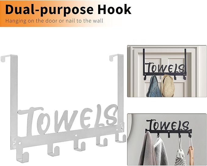 Over The Door Hook, Towel Holder Towel Hook for Bathroom, Towel Hanger Door Rack with 5 Coat Hooks, Over The Door Hanger Towel Rack for Bathroom, Bedroom Towels Coats(Silver)