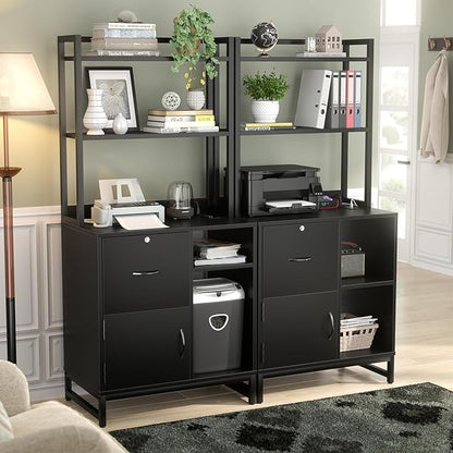 Homieasy Vertical Filing Cabinet with Bookshelf for Home Office, File Cabinet with Shelves, Lock & Charging Station, Drawer Office File Cabinets with Printer Stand, fits Letter Size, Black