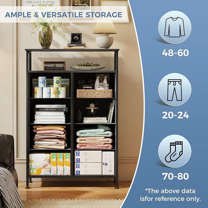 DUMOS TV Stands for Living Room with 8 Drawers, Tall 8-Drawer Chest of Drawers with Raised Shelf, Storage Tower with Fabric Bins for Organization, Hallway Storage, Grey