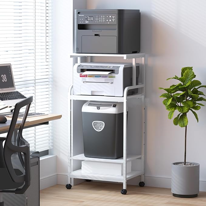 4-Tier Printer Stand with Storage Shelf, Mobile Printer Table for Home Office, Adjustable Stand for Printer, Scanner, Fax (White)