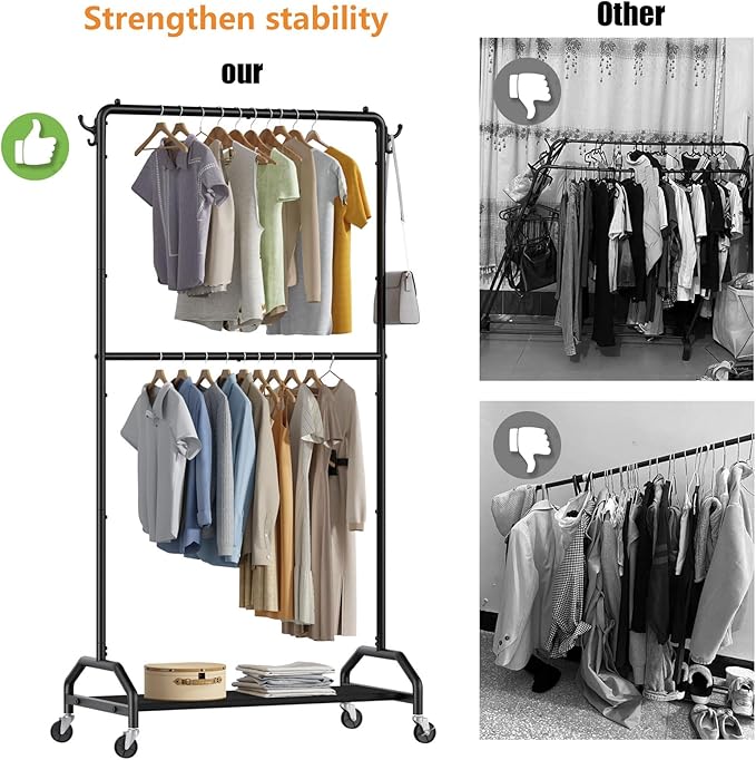 Clothes Rack Double Hanging Clothes Rack Clothing Rack Garment Rack 130LBS Capacity 34.5" W X15.8 D X 79" H Rolling Clothes Racks for Hanging Cothes with Bottom Shelf