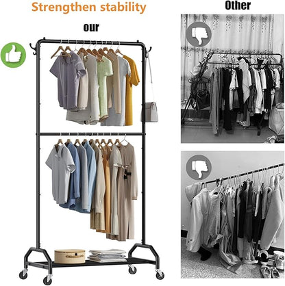 Clothes Rack Double Hanging Clothes Rack Clothing Rack Garment Rack 130LBS Capacity 34.5" W X15.8 D X 79" H Rolling Clothes Racks for Hanging Cothes with Bottom Shelf