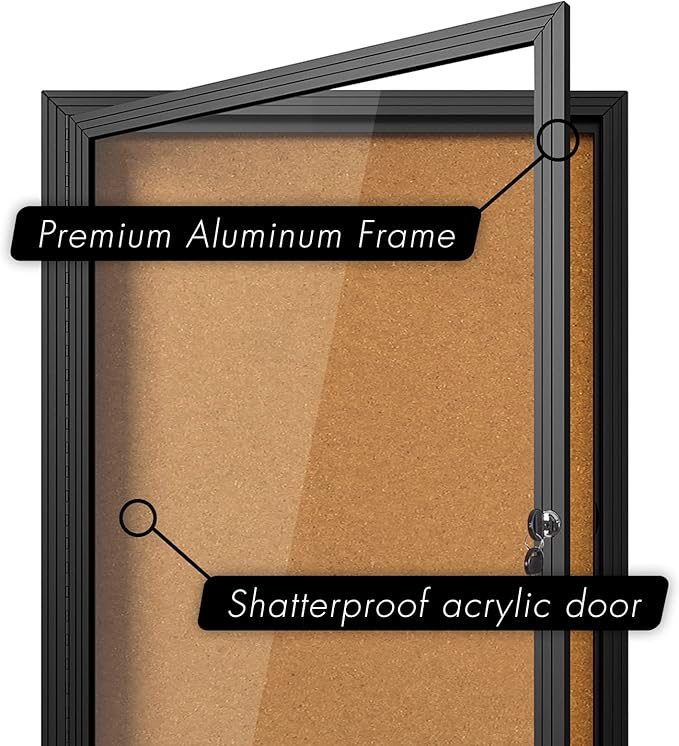 INNOVART Enclosed Bulletin Board 36”x24”, Lockable Cork Noticeboard with Black Aluminum Frame, Outdoor Enclosed Bulletin Board Weatherproof, Wall Display Case with Swing-Open Door Information Cabinet