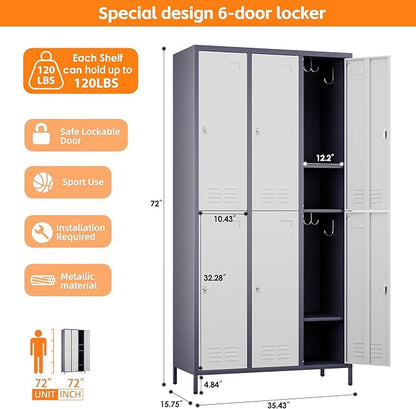 Aobabo Upgraded Metal Storage Lockers for Employees, 72inch Tall 6 Doors Metal Locker with Lock and Name Card Slot, Industrial Storage with 18 Hooks, for Office Gym, Assembly Required,Grey White