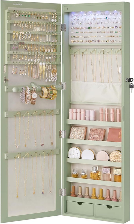 SONGMICS 6 LEDs Mirror Jewelry Cabinet, 47.2-Inch Tall Lockable Wall or Door Mounted Jewelry Armoire Organizer with Mirror, 2 Drawers, 3.9 x 14.6 x 47.2 Inches, Laurel Green UJJC093C01