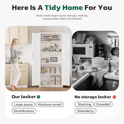 Greenvelly Metal Storage Cabinet, 63" H Locking Metal Storage Cabinet with Doors and 4 Shelves, Lockable Steel Cabinets for Kitchen, Bedroom, Living Room, Office (White)