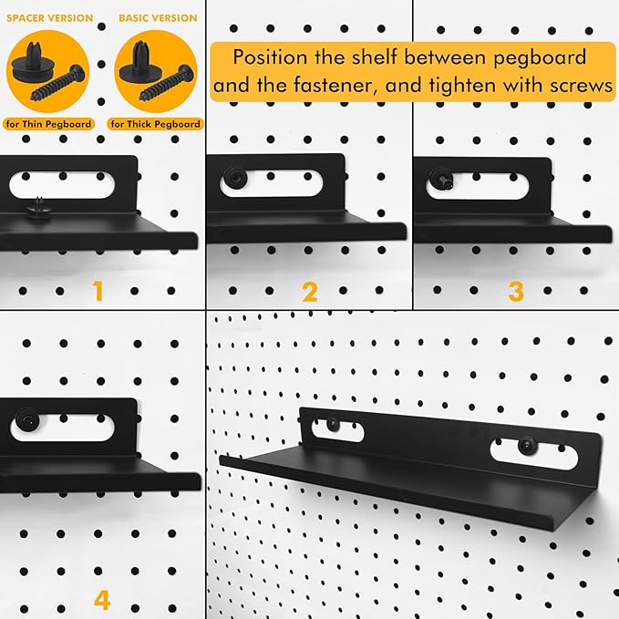 Metal Pegboard Shelf Set - 2Pack 11.7" Peg Board Shelving Racks Black Accessories Display Trays Tool Tiered Shelves for Office Craft Garage Kitchen Bathroom Pegboard Organization System (Medium)