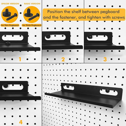 Metal Pegboard Shelf Set - 2Pack 11.7" Peg Board Shelving Racks Black Accessories Display Trays Tool Tiered Shelves for Office Craft Garage Kitchen Bathroom Pegboard Organization System (Medium)