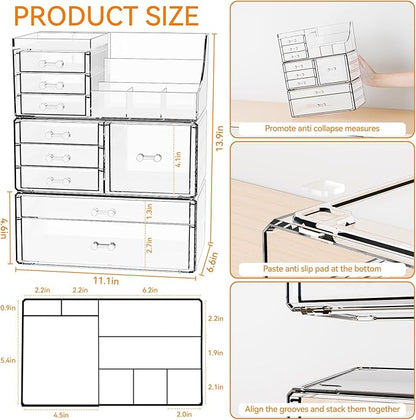 Yieach 3 Pack Clear Makeup Organizer Countertop for Dresser,Vanity and Bathroom Counter Organizer,Tiered Stackable Makeup Acrylic Organizers with 9 Drawer for Skincare,Brush and Make up Holders