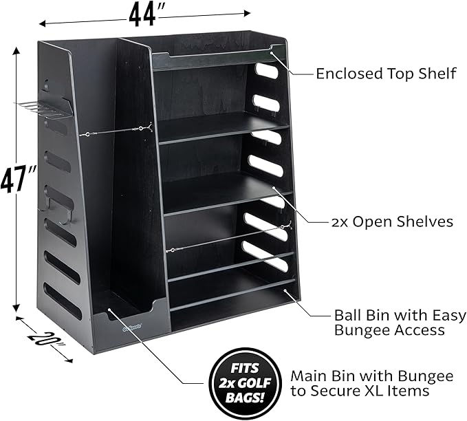 GoSports Premium Wooden Sports Equipment Organizer with Storage Hooks - Golf Bag Rack and Multi-Sport Ball Bin for Garage