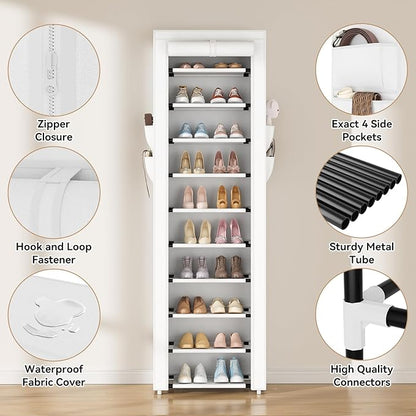 ROJASOP Shoe Rack with Covers 10 Tier Large Shoe Organizer Tall Shoe Closet Storage for 20-22 Pairs Shoe and Boot, Free Standing Shoe Rack Organizer for Closet, Entryway, Bedroom, White