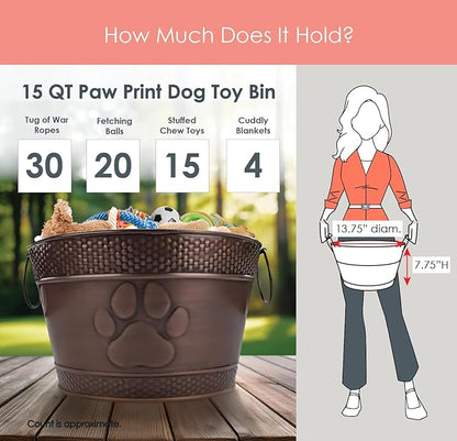BREKX Metal Indestructible Dog Toy Bin - Storage Bin with Handles, Farmhouse Organizer Storage Basket for Pet Toys, Blankets, Leashes - Home Decor (Lead-Free Copper)