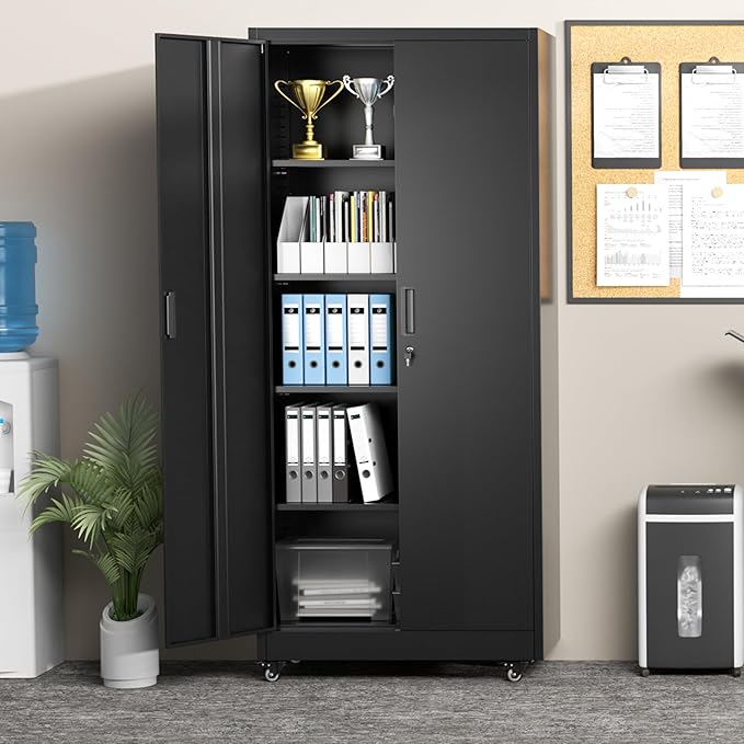 Greenvelly 73" Rolling Storage Cabinet,Black Metal Garage Cabinet with Locking Doors and 4 Adjustable Shelves for Home,Kitchen,Office,Warehouse(32" W x 16" D,Wheels)