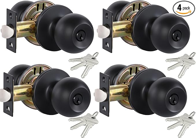 Lanwandeng 4 Pack Matte Black Door Knobs with Lock and Keys All Alike, Interior/Exterior Door Knob for Bedroom or Bathroom, Entry Door Lock