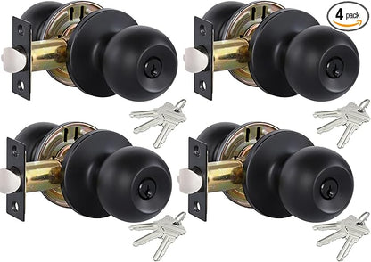 Lanwandeng 4 Pack Matte Black Door Knobs with Lock and Keys All Alike, Interior/Exterior Door Knob for Bedroom or Bathroom, Entry Door Lock