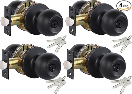 Lanwandeng 4 Pack Matte Black Door Knobs with Lock and Keys All Alike, Interior/Exterior Door Knob for Bedroom or Bathroom, Entry Door Lock