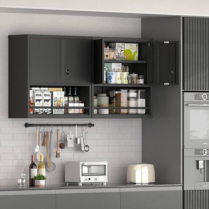 Garage Storage Cabinets,Metal Wall Cabinet with Doors and Shelves,Locking Storage Cabinet for Workshop,Warehouse,Home Office,Black