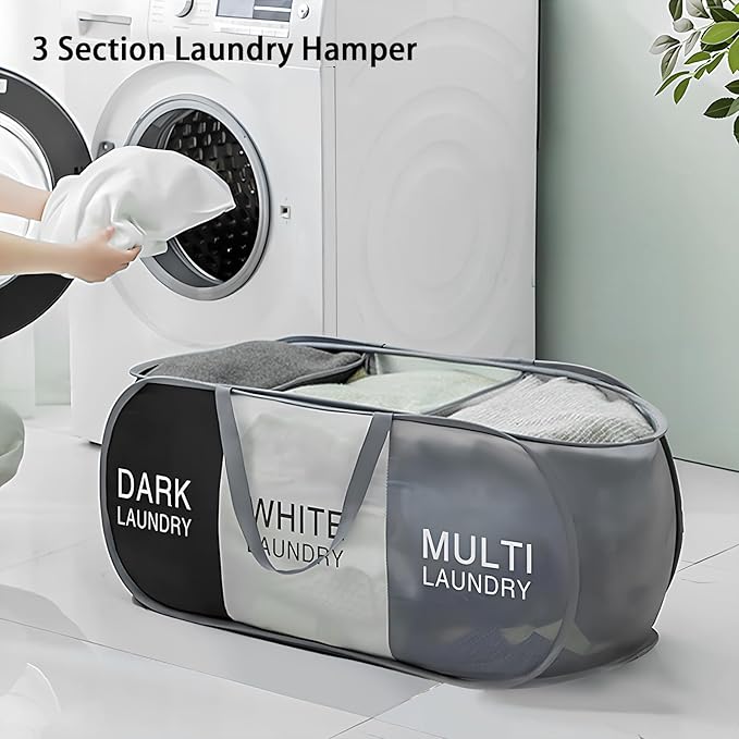 Pop Up Laundry Hamper 3 Section, Collapsible Laundry Basket with Carry Handles for Home, Laundry Room, Bedroom, Dorm, RV Travel (Black & Grey & Beige - 3 Compartments)