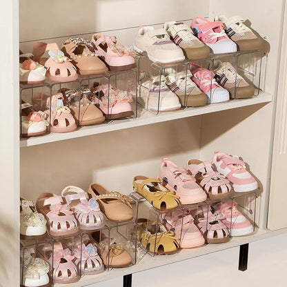 4PACK Clear Acrylic Kids Shoe Rack for Closet Organizers and Storage, Small Clear Shoe Rack 4 Sections Toddler Baby Shoe Storage Organizer Stackable Shoe Shelf,Desk File Sorter Book Purse Organizer