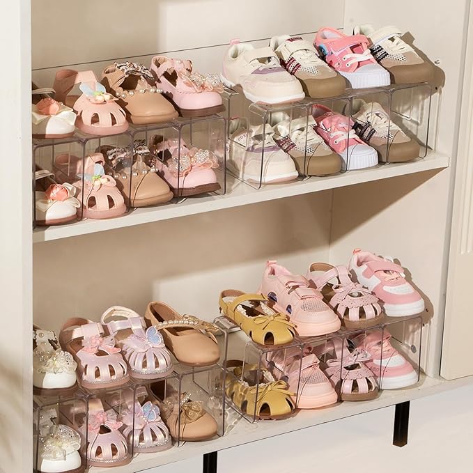 2PACK Clear Acrylic Kids Shoe Rack for Closet Organizers and Storage, Small Clear Shoe Rack 4 Sections Toddler Baby Shoe Storage Organizer Stackable Shoe Shelf,Desk File Sorter Book Purse Organizer