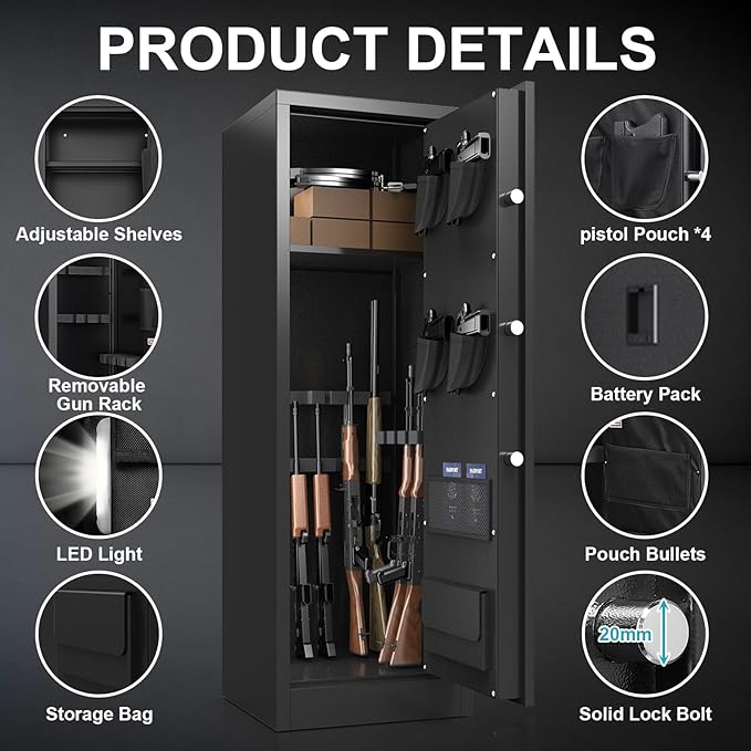Marcree 8-12 Gun Safe for Rifles and Shotguns, Large Digital Rifle Cabinet with Dual Alarm System, Shotgun Safe with Removable Shelf, Mute Function, Pistol Bag, LED Light, Assemble Required