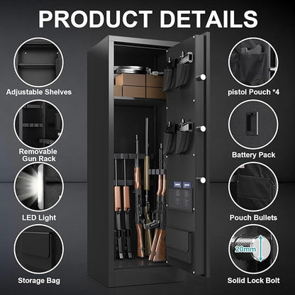 Marcree 8-12 Gun Safe for Rifles and Shotguns, Large Digital Rifle Cabinet with Dual Alarm System, Shotgun Safe with Removable Shelf, Mute Function, Pistol Bag, LED Light, Assemble Required