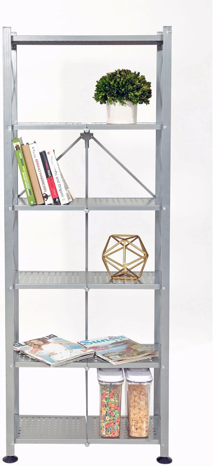 Origami RB Foldable 6 Tier Storage Rack with Wheels, Tall/Slim Model, Silver, Renewed