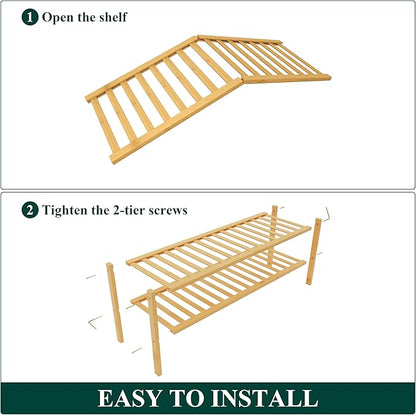 Smiry Bamboo Shoe Rack for Closet, 2 Tier Long Wooden Stackable Shoe Organizer, Free Standing Shoes Storage Shelf for Entryway, Front Door Entrance, Natural