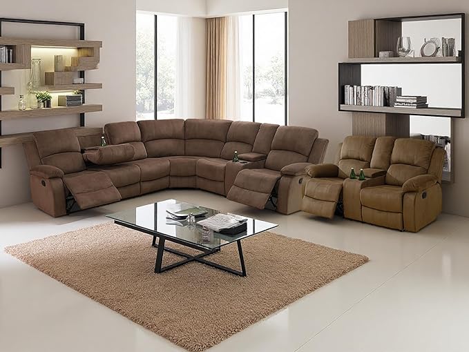 4 Pieces Living Room Furniture Sets, Manual Recliner Sectional Sofa Set with Storage, Brown Corduroy Fabric Sectional Sofa with Cup Holder and Drop-Down Table for Living Room, Office