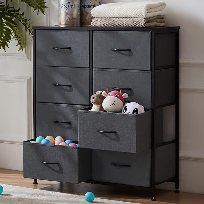 DUMOS 8 Drawer Dresser for Bedroom, Fabric Storage Organizer with Sturdy Metal Frame, Wooden Top Chest of Drawers for Closet Entryway Guest Room, Grey