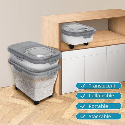 Pet Food Container, Collapsible Dog Food Storage Container with Detachable Casters & Airtight Lid for Keeping Dry Kibbles, With Dog Food Scoop and Measuaring Cups