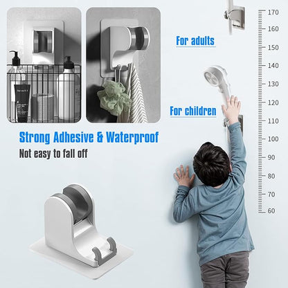 JONKEAN Shower Head Holder Without Drilling, 3m Handheld Shower Head Holder Adhesive, 50°Adjustable Shower Wand Holder Wall Mount, Shower Head Bracket with Hook (White, 1 Pack)