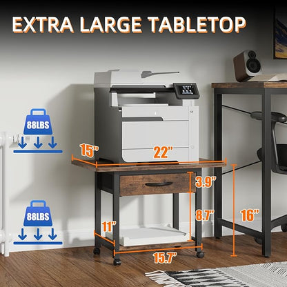 YAOHUOO Large Printer Stand with Storage Drawer, 2-Tier Under Desk Table for Home Office, Fits Fax Machine/3D Printer/Scanner (Brown)