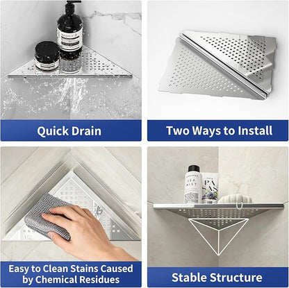 Corner Shower Shelf, 10" Polished 304 Stainless Steel Recessed Shelves for Bathroom, Grout in Shelf Racks for Tiled Wall, 2 Pack