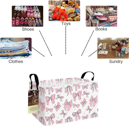 HUNRUNG Rectangle Storage Basket Cute Canvas Organizer Bin for Pet/Children Toys, Books, Clothes Perfect for Rooms/Playroom(REC-Pink Bow)