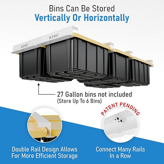 HANDT Overhead Garage Storage Rack, Connectable Heavy Duty Metal Ceiling Rails For Garage Storage Organization Shelving System, Hanging Racks For Tote Containers, Supports Up To 6 Bins, 4 Sets White