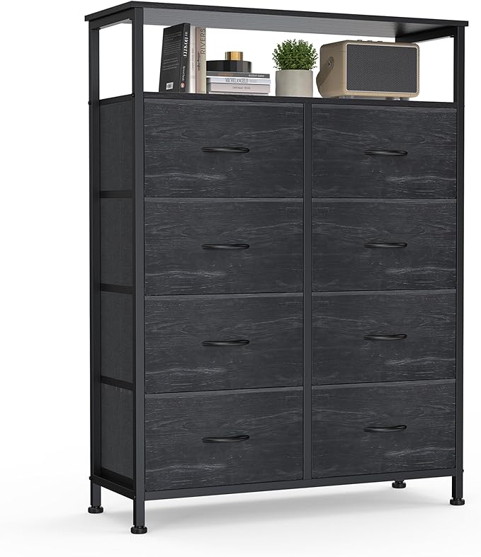 DUMOS Fabric Dresser for Bedroom with 8 Drawers, Tall 8-Drawer Chest of Drawers with Raised Shelf, Storage Tower with Fabric Bins for Closet Organization, Hallway Storage, Black Wood Grain Print