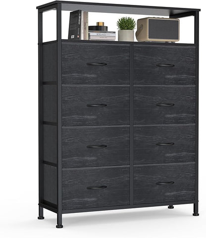 DUMOS Fabric Dresser for Bedroom with 8 Drawers, Tall 8-Drawer Chest of Drawers with Raised Shelf, Storage Tower with Fabric Bins for Closet Organization, Hallway Storage, Black Wood Grain Print