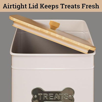 Dog Treat Container Airtight - 6 Inch Wide x 8 Inch Tall Iron Dog Treat Jar for Kitchen Counter with Airtight Bamboo Lid - 12 Cup Capacity Pet Treat Container - Doggie Cookie Jar - Big Treats Canister