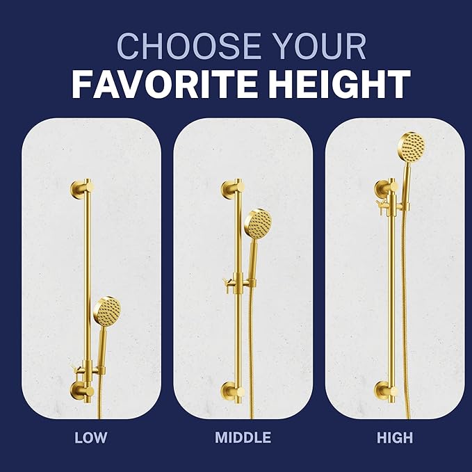 HammerHead Showers® Solid Metal 27.5 Inch Shower Slide Bar for Hand Held Shower Heads, Brushed Gold | Adjustable Height Showerhead with Hose Rail System | Easily Adjust Height & Angle of Handshower